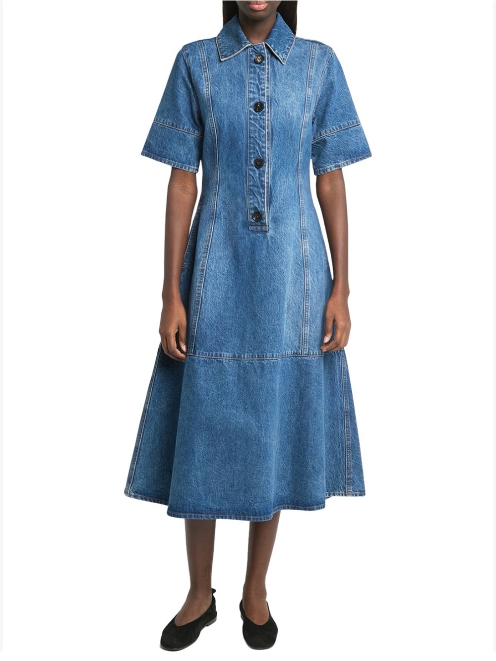 CO Denim Half-Placket Short Sleeve Midi in Mid Blue Shirtdress S